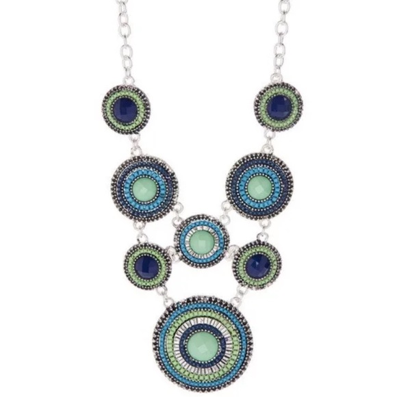 Zad Blue & Green Round Beaded Medallion Bib Necklace Lobster Clasp Jewelry - Picture 2 of 3